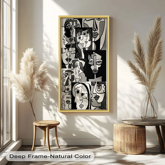 Framed with a natural hue, this monochrome abstract collage exemplifies a refined oil painting art piece, its finish enhancing the bold contrast of cubist faces.