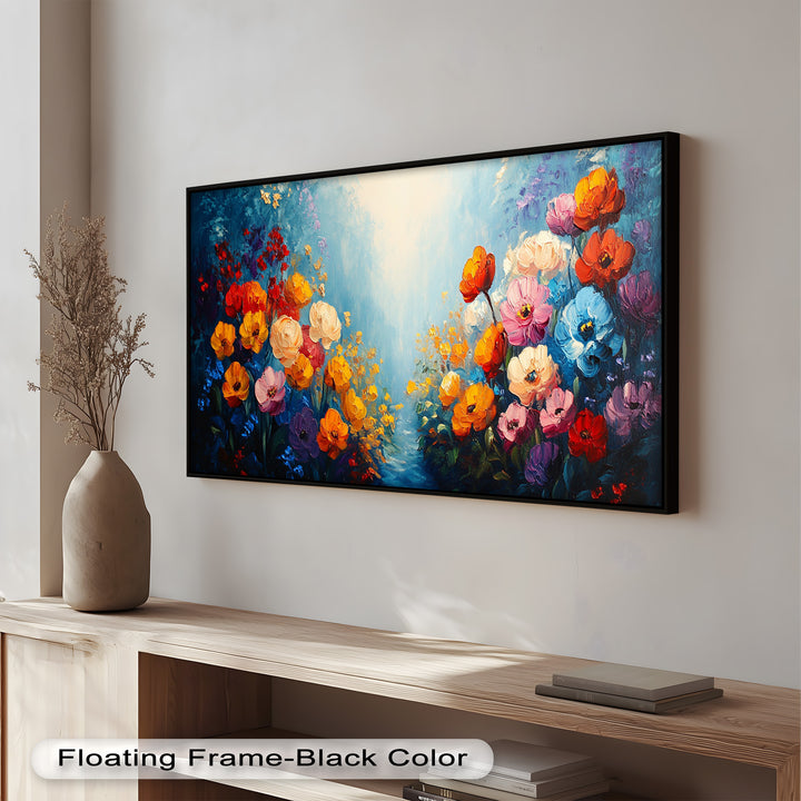 Multicolor Blossoms in Blue Radiance - Flower Oil Painting