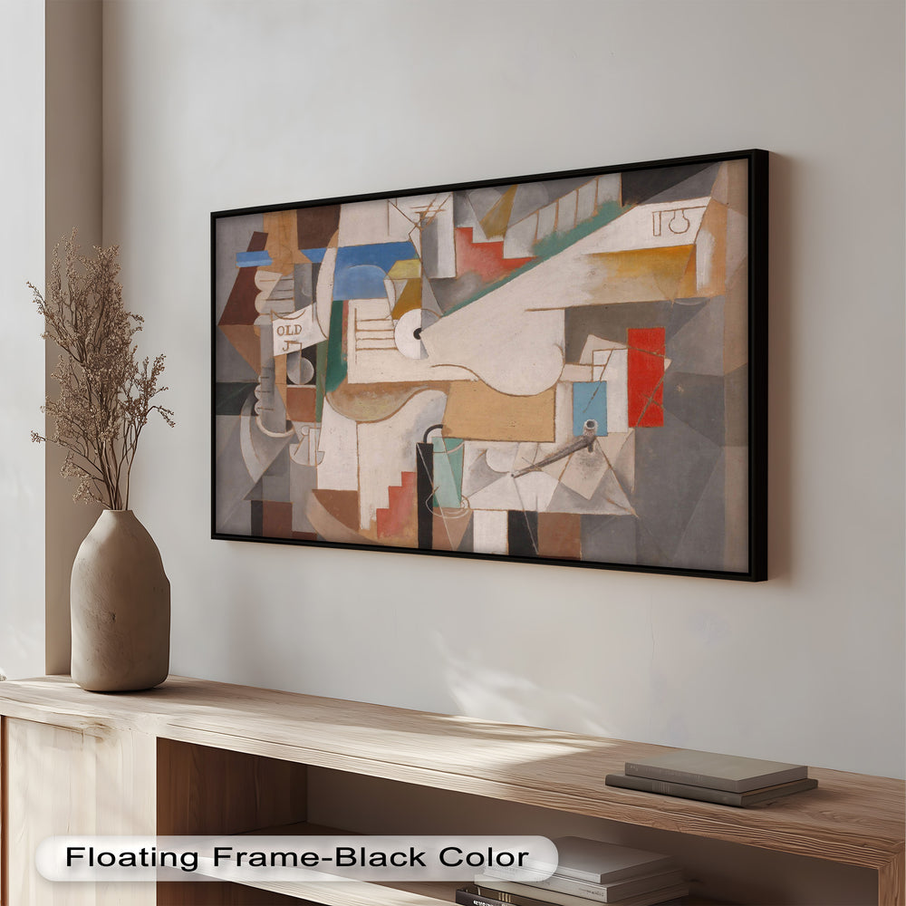An abstract painting with overlapping planes and subdued colors, depicting deconstructed objects in a layered spatial arrangement.