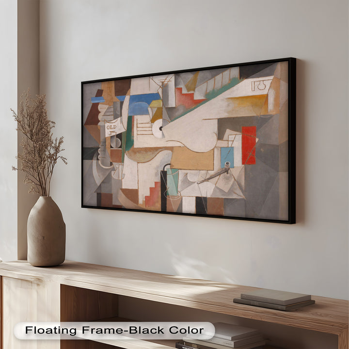 An abstract painting with overlapping planes and subdued colors, depicting deconstructed objects in a layered spatial arrangement.