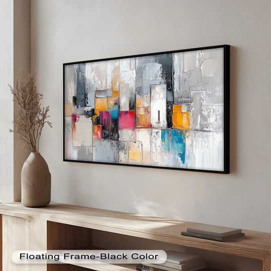 Interplaying organic forms accent this vibrant geometric abstract oil painting wall art, suggesting a modern cityscape through textured blocks of color.