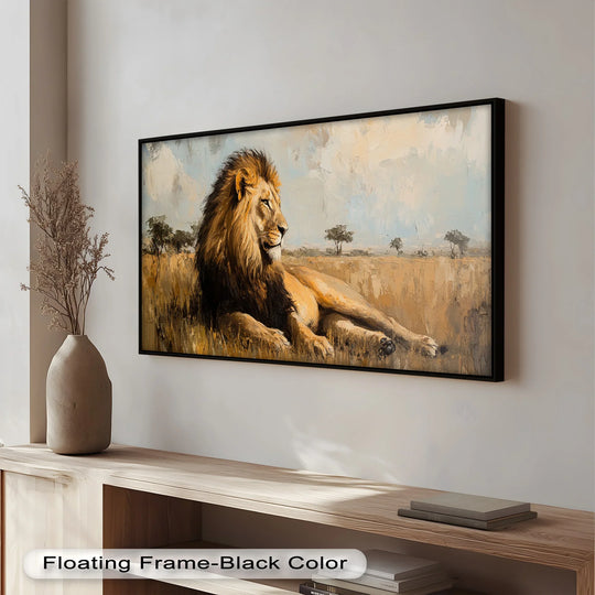 Ample negative space surrounds this captivating oil painting artwork of a regal lion lying in golden plains, accentuating the lion's majestic presence.