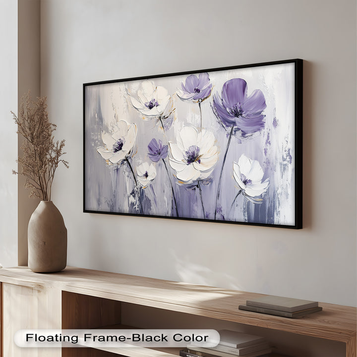 White and Purple Florals on Misty Background - Flower Oil Painting