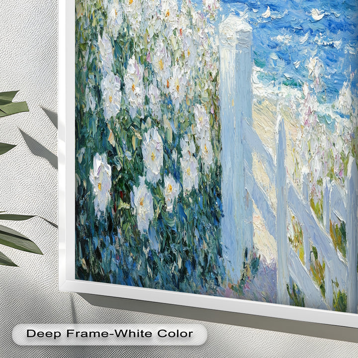 White Rose Garden with Sailboats – Impressionist Oil Painting