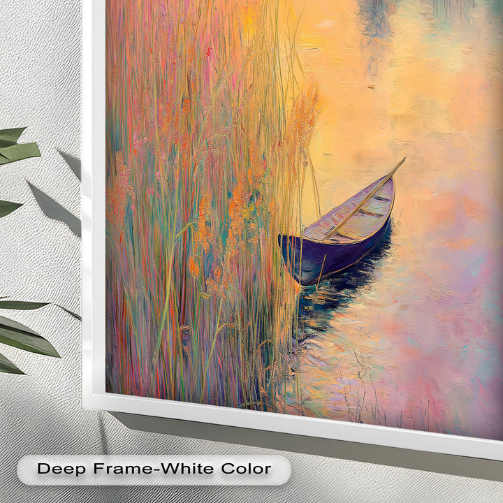 Golden Reeds and Sunset Rowboat – Impressionist Oil Painting