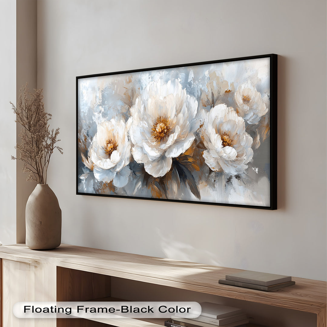 White Petals on Soft Neutral Background - Flower Oil Painting