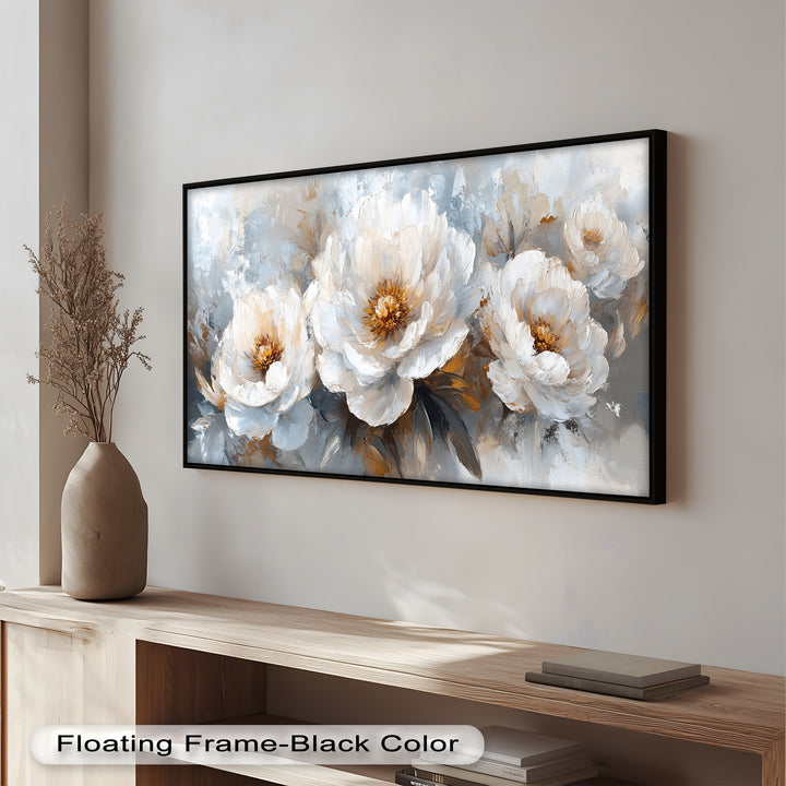 White Petals on Soft Neutral Background - Flower Oil Painting