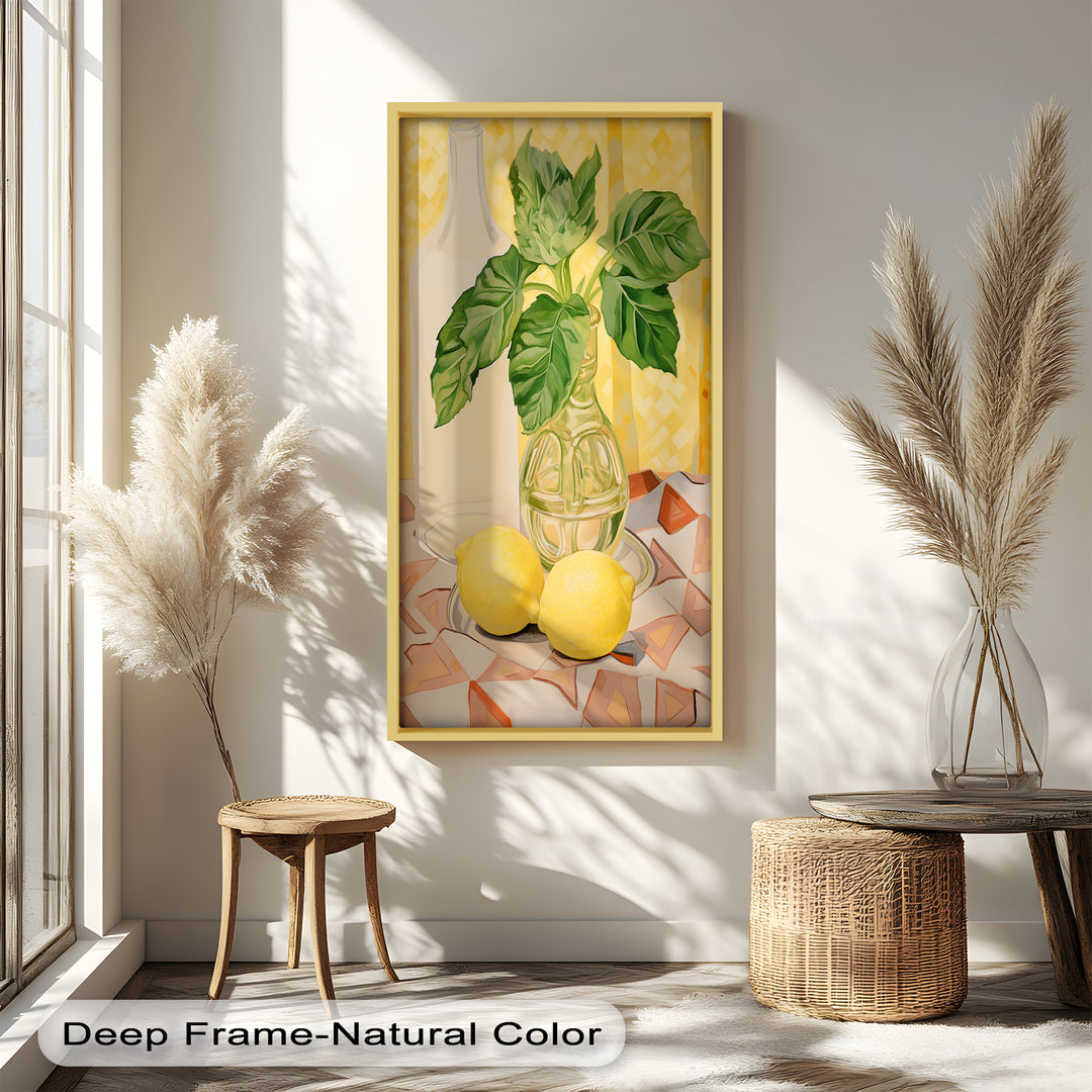 This bright and refreshing still life painting features two vibrant lemons resting beside a leafy green stem in a transparent glass vase, set against a cheerful yellow backdrop.

