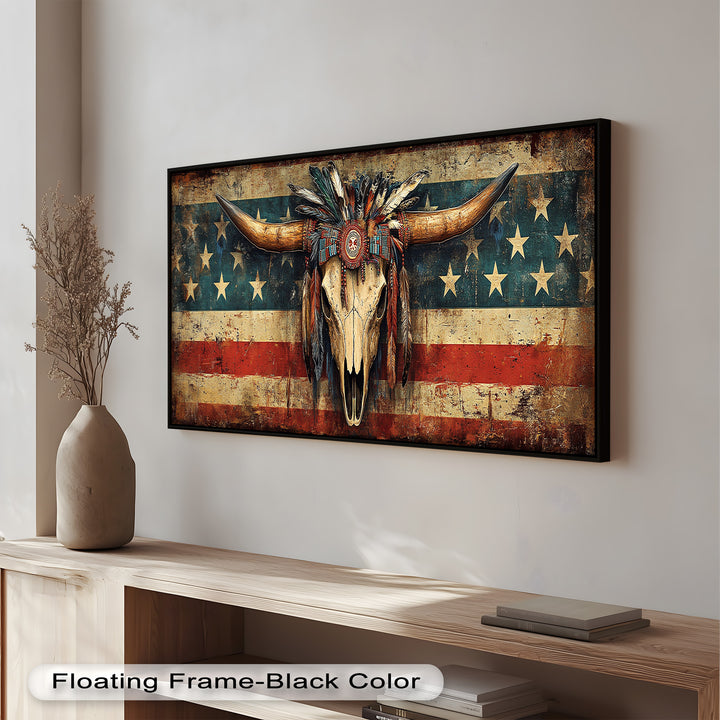 Tribal Longhorn Totenkopf mit Kopfschmuck – Amerikanisches Ölgemälde