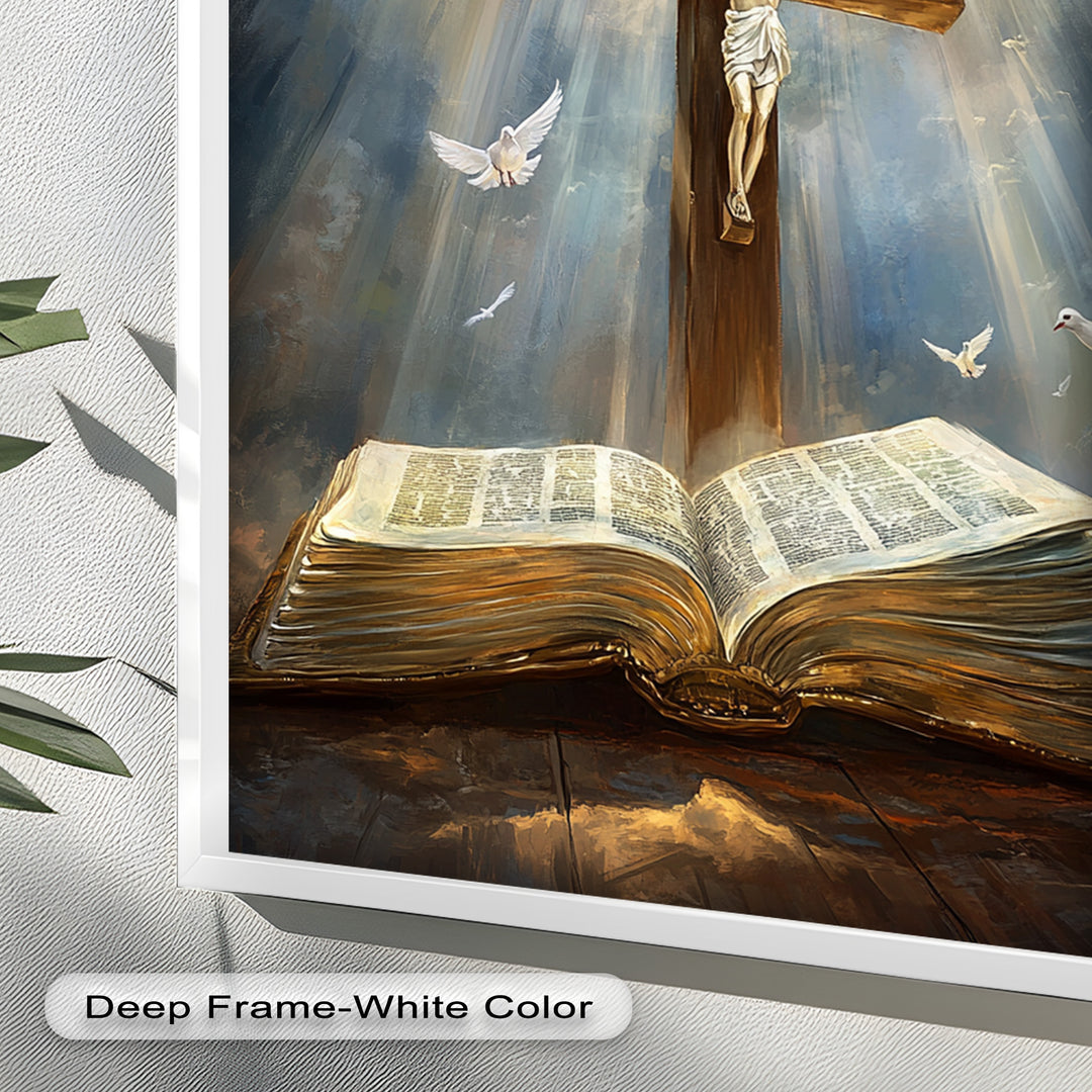 Jesus on the Cross with Open Bible and Doves - Oil Painting