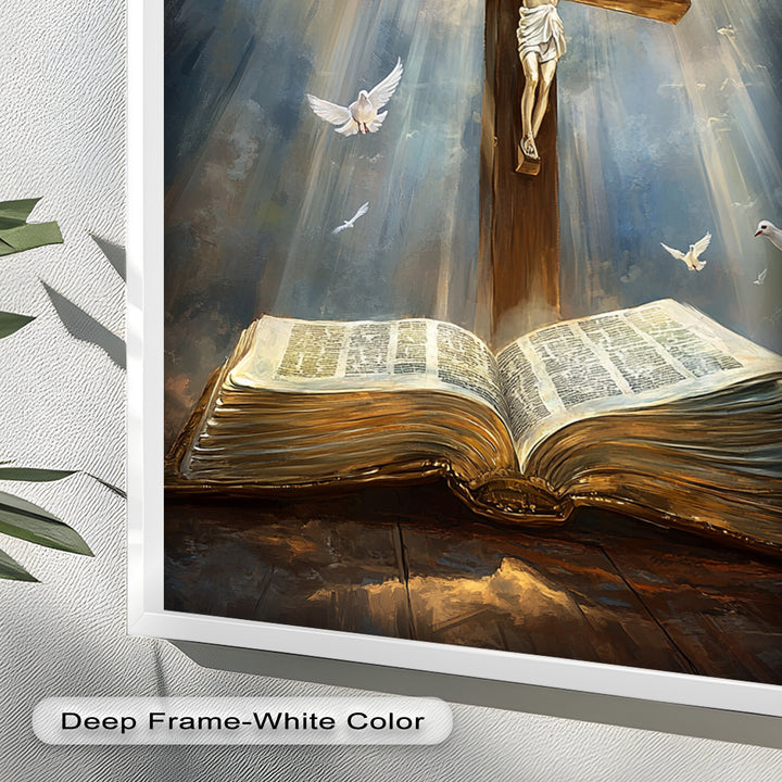 Jesus on the Cross with Open Bible and Doves - Oil Painting