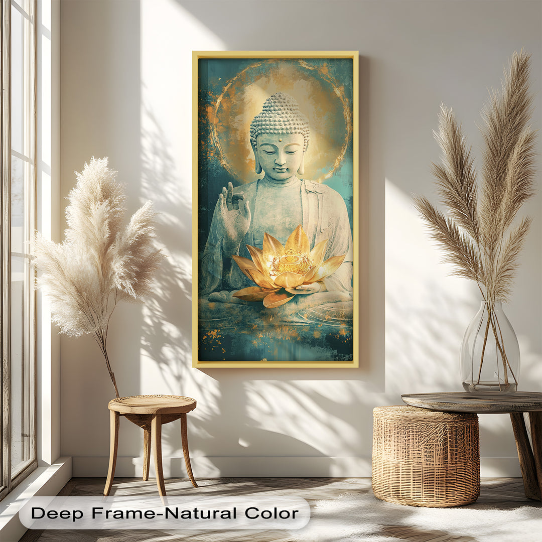 A serene Buddha statue meditating with a glowing golden lotus flower in his hands, surrounded by a divine halo.