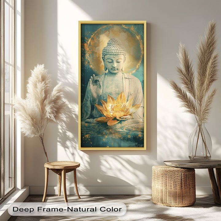 A serene Buddha statue meditating with a glowing golden lotus flower in his hands, surrounded by a divine halo.