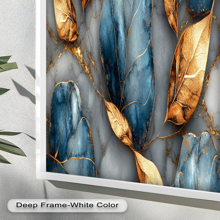 Golden Blue Marble Leaves – Botanical Oil Painting