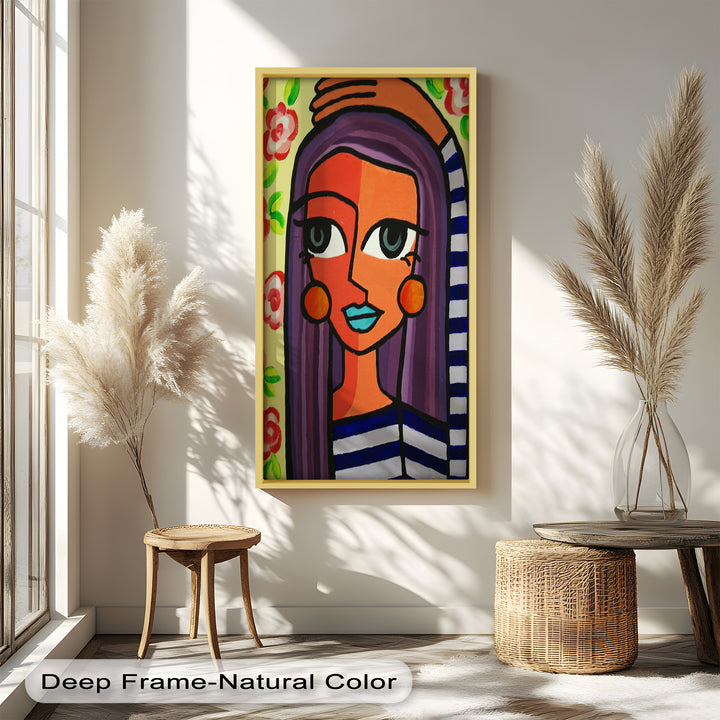 Striped Muse – Vibrant Woman with Flowers Picasso Oil Painting