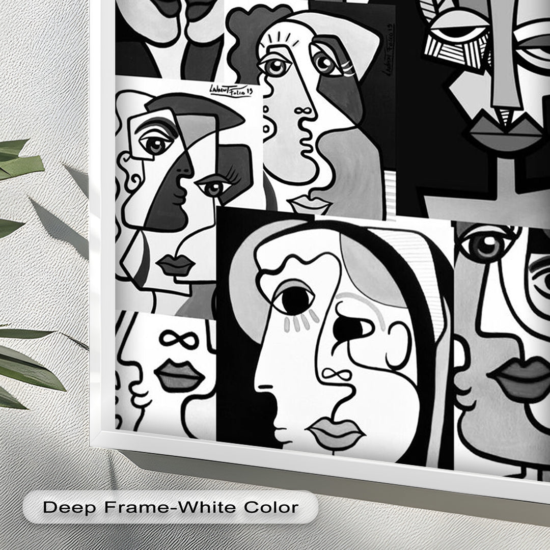 Monochrome Muse – Picasso-inspiriertes Ölgemälde mit kubistischen Gesichtern
