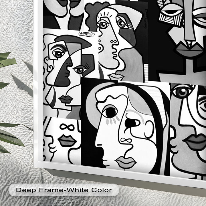 Monochrome Muse – Picasso-inspiriertes Ölgemälde mit kubistischen Gesichtern