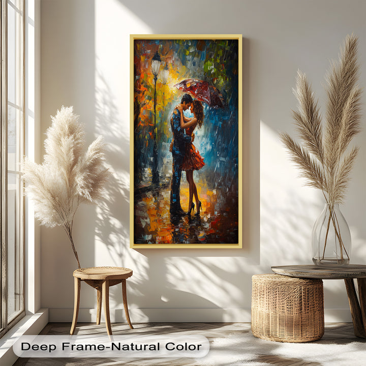 Embrace in Autumn Rain – Passionate Love Oil Painting