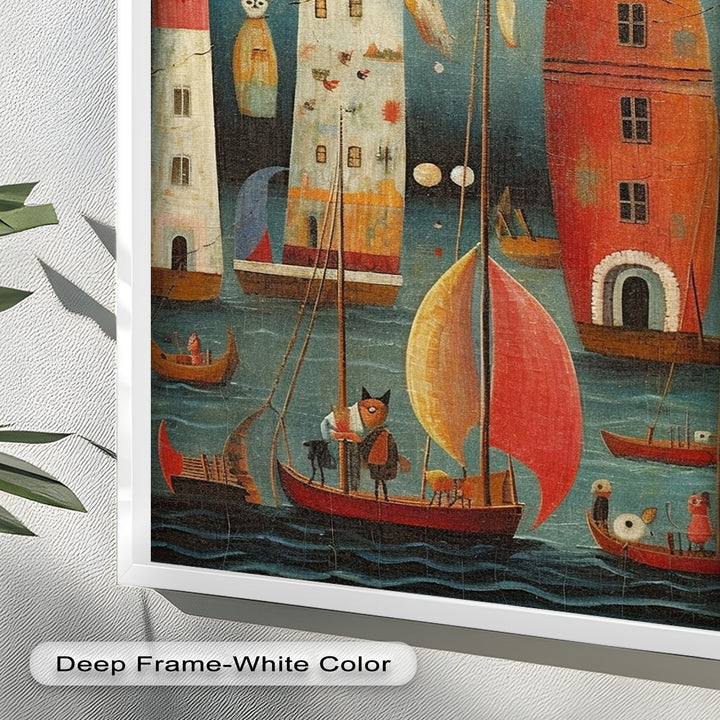Moonlit Harbor Parade – Surreal Cat and Owl Fantasy Oil Painting