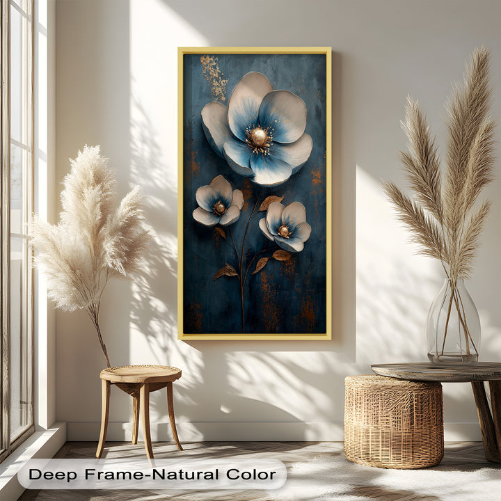 Deep Blue and Metallic Floral Elegance - Flower Oil Painting