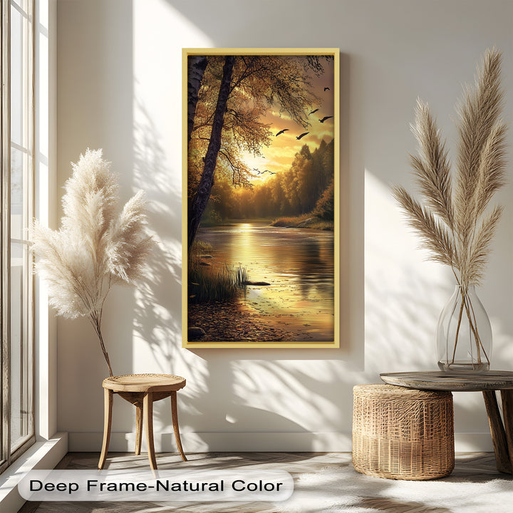 The calm water and scattered leaves create a sense of serenity and seasonal beauty, inviting quiet reflection.

