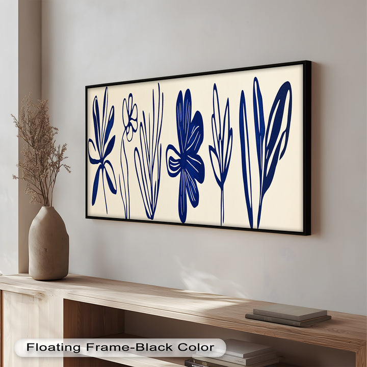Indigo Bloom Line Art – Minimalistisches florales Ölgemälde
