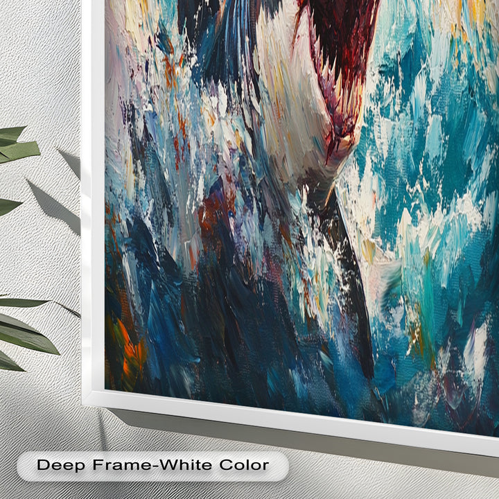 Ferocious Shark Emerging from Turbulent Waters – Animal Oil Painting
