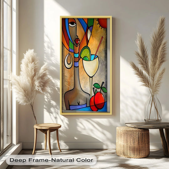 Bathed in sunlight, this vibrant abstract oil painting wall art features a colorful woman with a cocktail, making it a striking focal point.