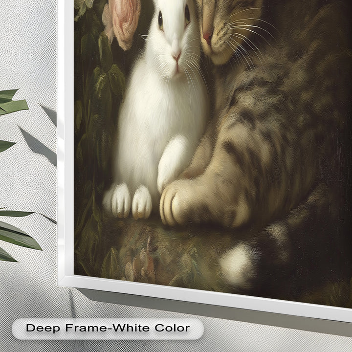 Cat and Rabbit in Floral Harmony - Animal Oil Painting