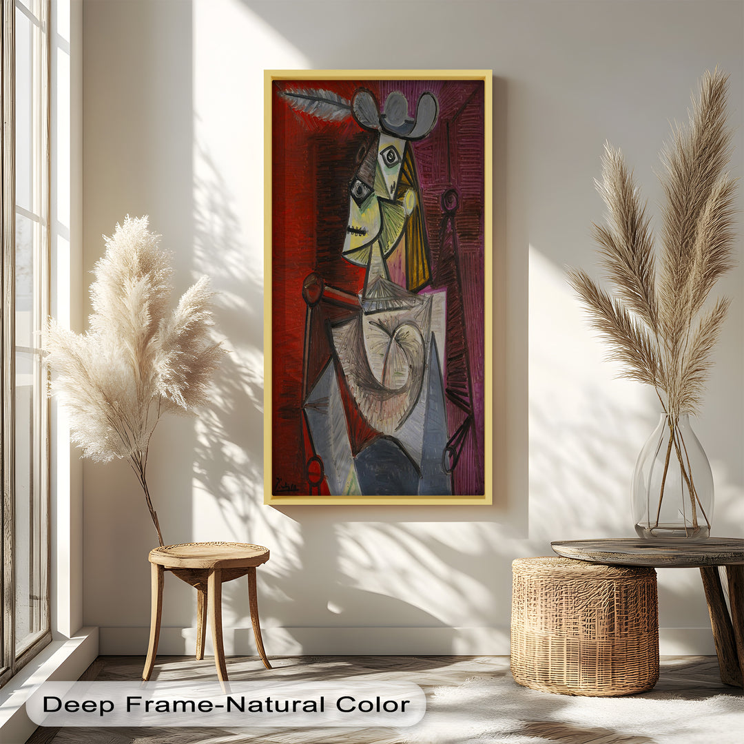 Bold in Crimson – Woman with Feather Hat Abstract Oil Painting