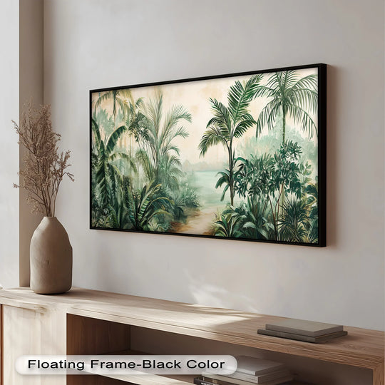Dramatic color contrast highlights the lush greens of the tropical jungle within the oil painting artwork, showcased in a black floating frame.