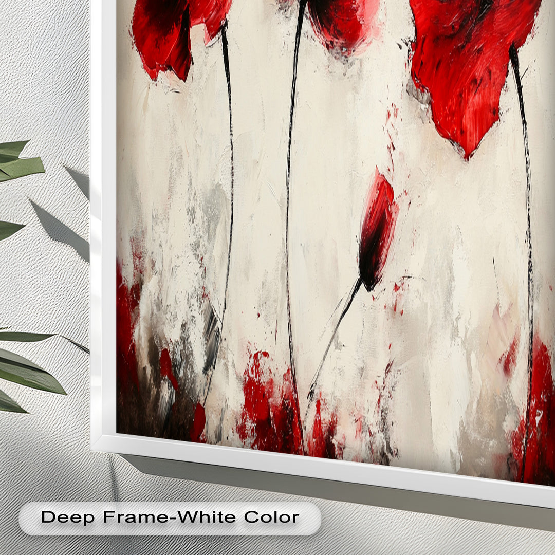 Crimson Elegance – Bold Red Poppies on Cream Flower Oil Painting