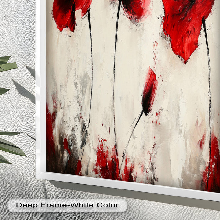 Crimson Elegance – Bold Red Poppies on Cream Flower Oil Painting