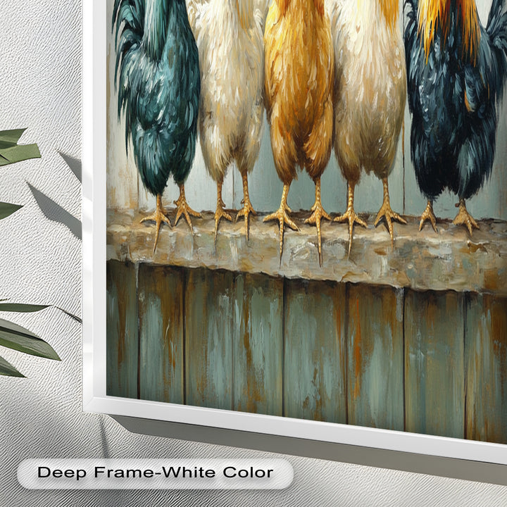 Colorful Roosters on a Wooden Fence – Animal Oil Painting