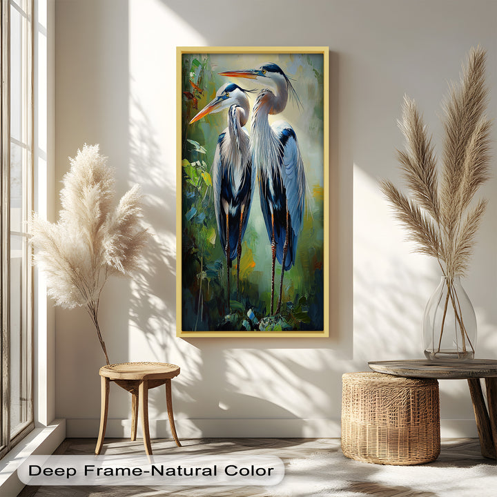 Two Herons Among Verdant Shadows - Animal Oil Painting