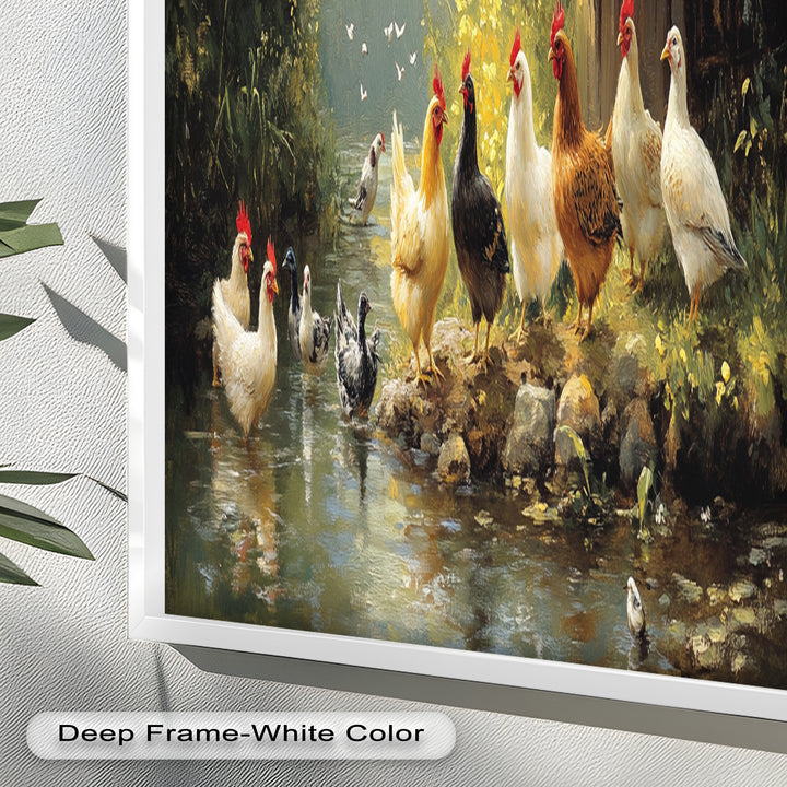 Country Farmyard Chickens by the Stream – Animal Oil Painting