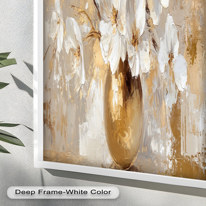 Golden Vase with White Florals – Flower Oil Painting