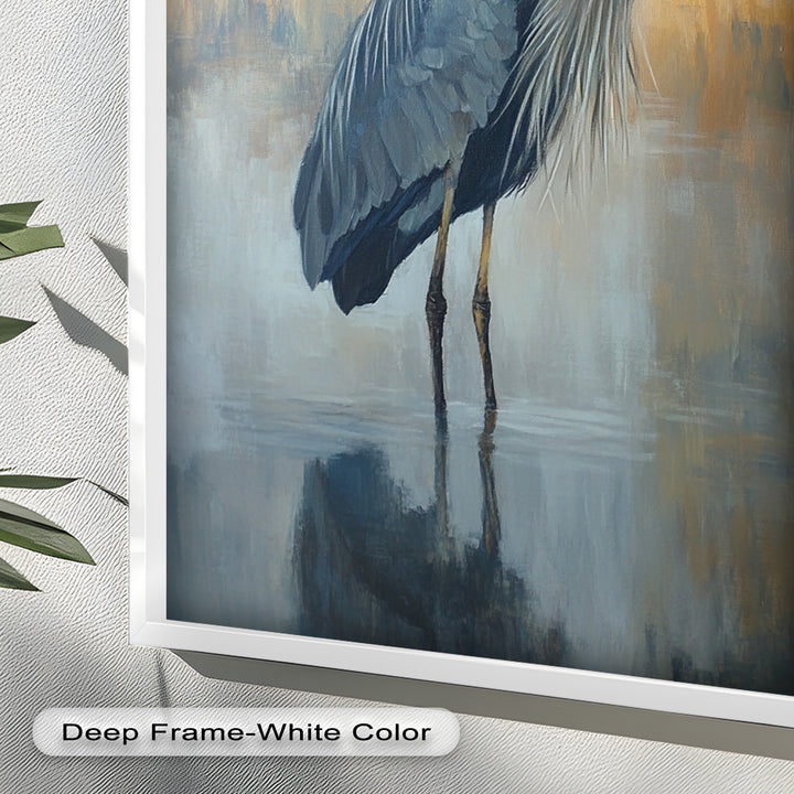 Heron in Misty Marshland - Framed Oil Painting