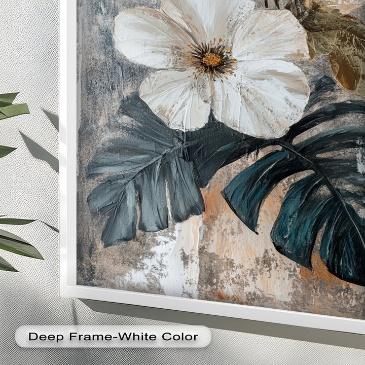 White Bloom and Tropical Leaves - Flower Oil Painting