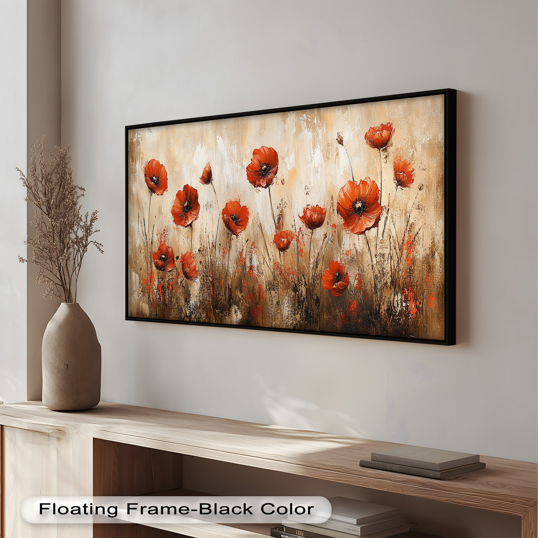 Red Poppies in Earth-Toned Harmony - Flower Oil Painting