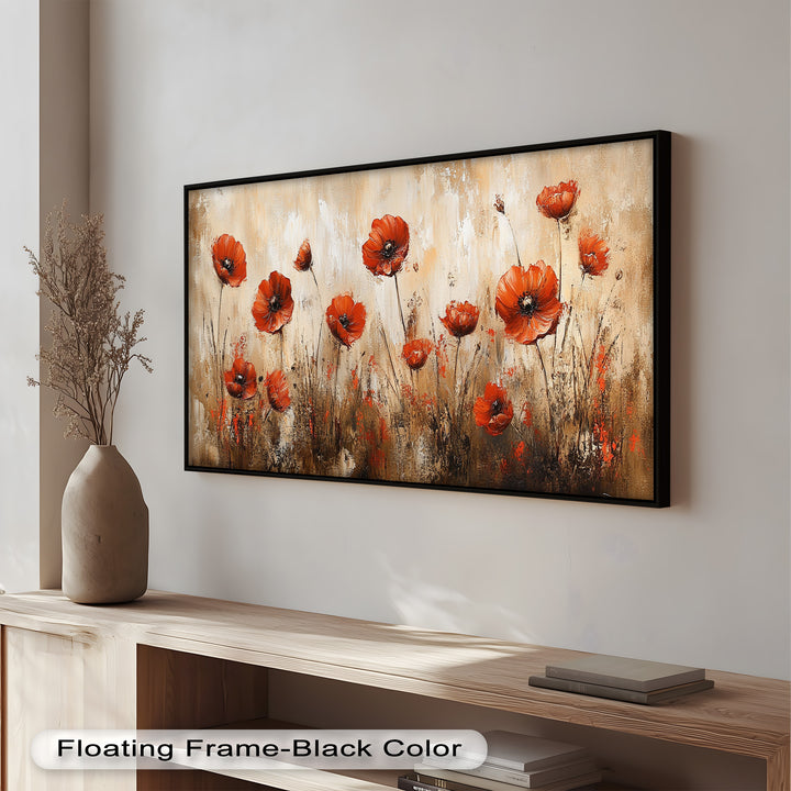 Red Poppies in Earth-Toned Harmony - Flower Oil Painting