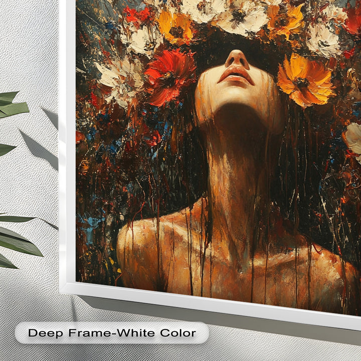 Floral Rebirth – Woman with Blossoming Crown Abstract Oil Painting