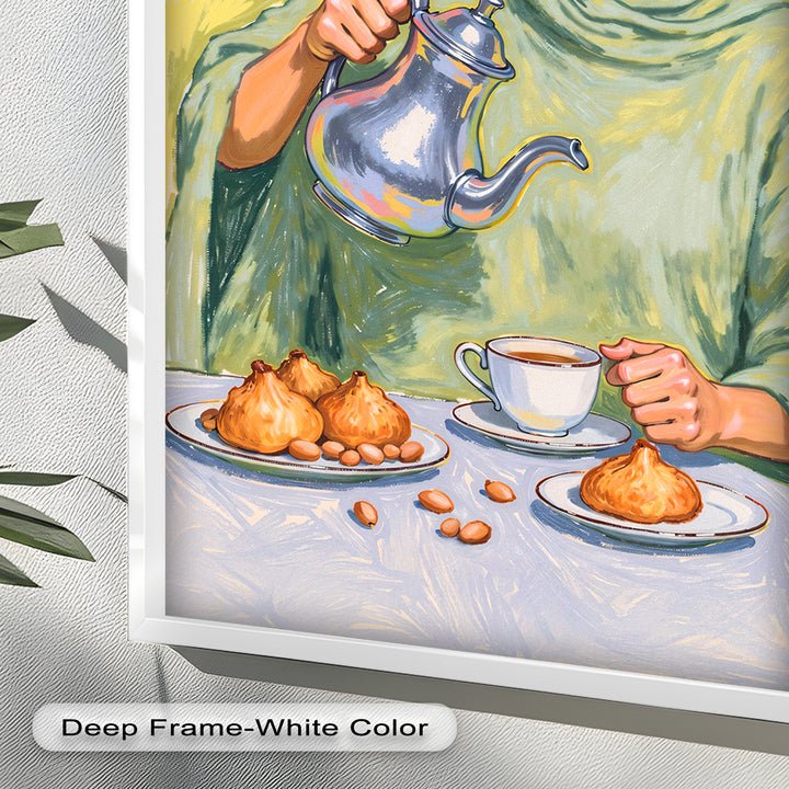 Woman Pouring Tea with Traditional Sweets - Food Painting