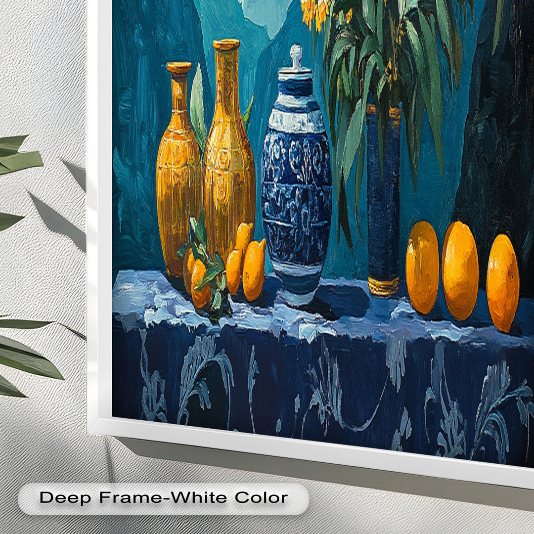 Blue & Yellow Vase Citrus Still Life – Framed Oil Painting