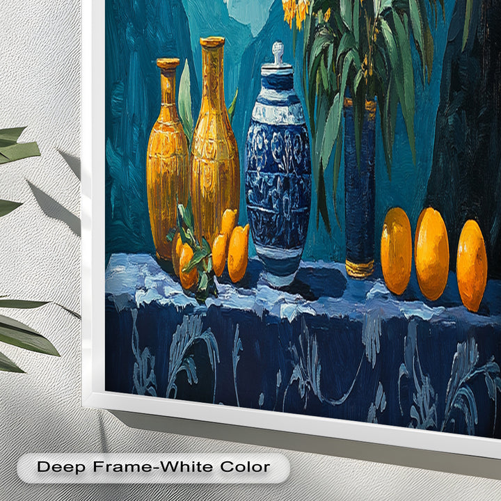 Blue & Yellow Vase Citrus Still Life – Framed Oil Painting