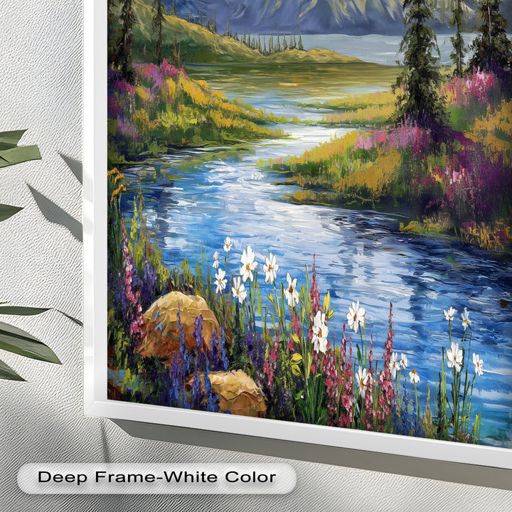 Vintage Mountains & River – Framed Oil Painting