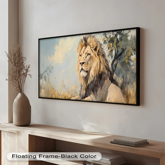 Featuring a striking color contrast, the 'Lion Beneath African Sky' oil painting decoration showcases a regal lion in golden and brown hues against a soft, light sky background.