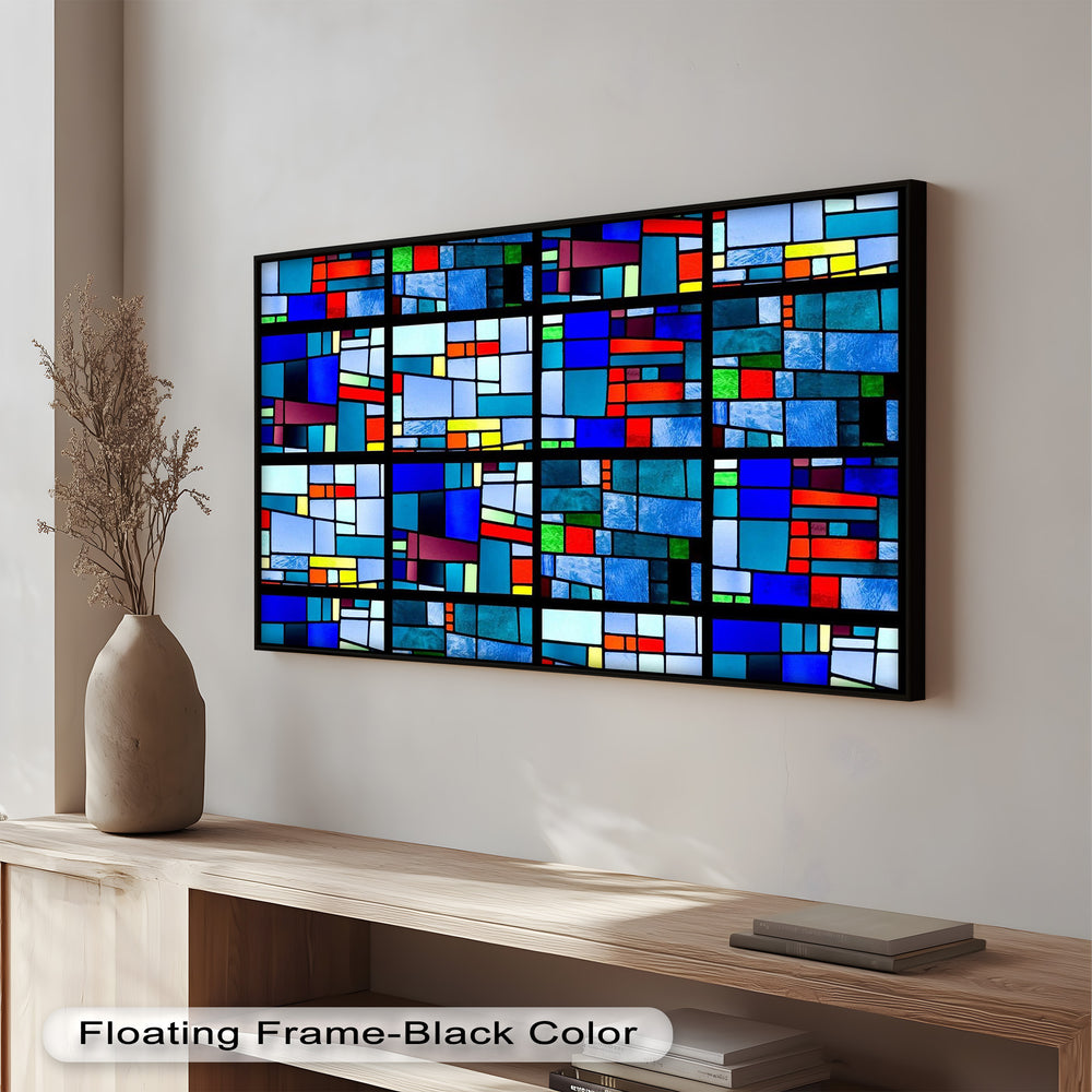 A geometric stained glass look composition with bold color blocks arranged in rhythmic patterns across a grid.