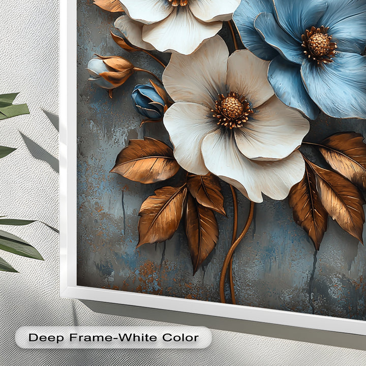 Gilded Petals – Luxuriöses Ölgemälde mit weißen und blauen Blumen