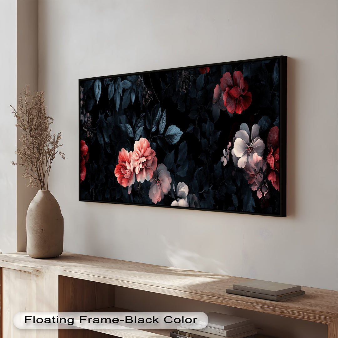 An elegant and romantic floral composition with delicate flowers in blush, crimson, and ivory tones emerging from a black backdrop.